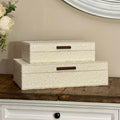 Set of 2 Ivory Bouclé Fabric Decorative Boxes with Wooden Handles, Modern Jewelry Boxes, Storage Boxes, Keepsake Boxes, Photo Memory Organizer, 14.2x8.6x3.5in