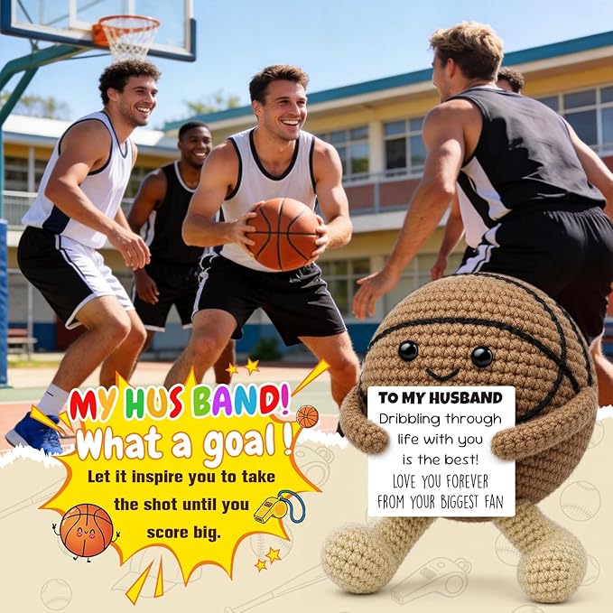 Anniversary Romantic Gifts for Husband Boyfriend, Handcrafted Crochet Basketball Keepsake, Sports Man Cave Desk Decor Room Accessories, Unique Funny Birthday Present for Him Men from Wife