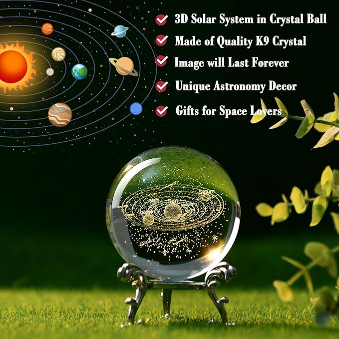 IFOLAINA 3D Solar System Crystal Ball 60mm Laser Engraved Glass Sphere Home Decor with Stand Solar System Planet Model Decor Space Universe Gifts for Astronomy Lovers