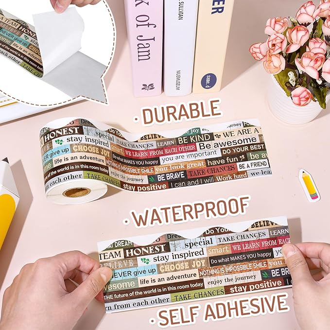Whaline 65.6Ft Inspirational Quote Bulletin Board Borders Motivational Border Trim Self Adhesive Growth Mindset Scalloped Craft Border Decor for Back to School Chalkboard Whiteboard Wall Board Decor