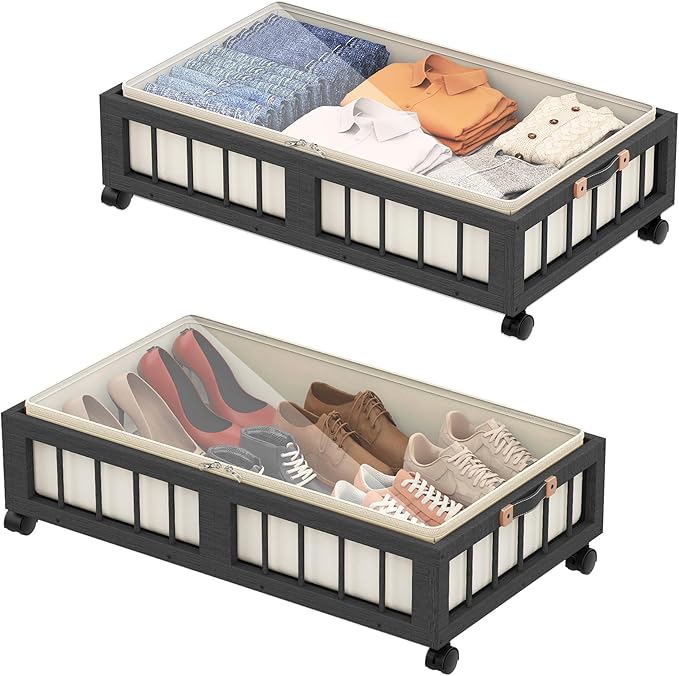 efluky 2-Pack Bamboo Under Bed Storage Containers with Wheels, Under Bed Clothes Storage Basket with Large Dust Bag, Rolling UnderBed Storage for Bedroom, Dorm and Basement, Black