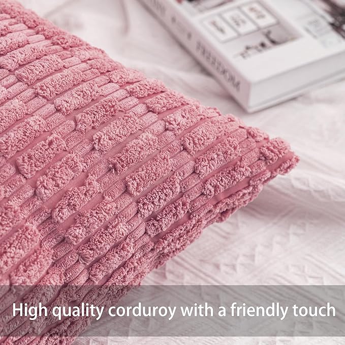 Aegero Pack of 2 Corduroy Decorative Throw Pillow Covers 24x24 Inch Soft Striped Pillow Covers Modern Farmhouse Home Decor for Sofa Living Room Couch Bed（Pink）