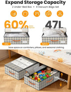 2-Pack Under Bed Storage Bins with Wheels and 4 Vacuum Seal Bags, Heavy Duty 80lbs Capacity,7.9" Height Clear Lid Organizer for Dorm Bedroom Clothes Shoes Toys,Quick Assembly Space Saver Houndstooth