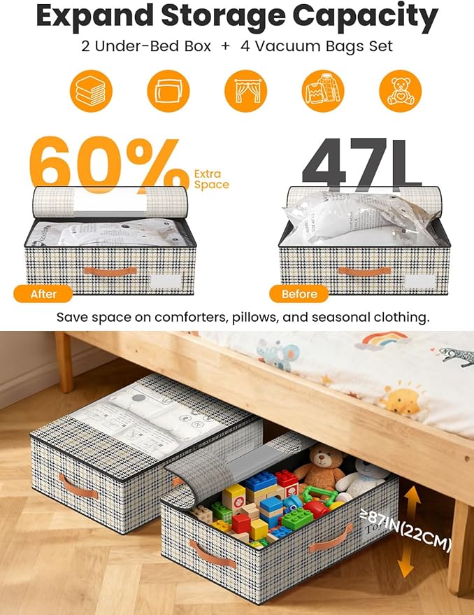 2-Pack Under Bed Storage Bins with Wheels and 4 Vacuum Seal Bags, Heavy Duty 80lbs Capacity,7.9" Height Clear Lid Organizer for Dorm Bedroom Clothes Shoes Toys,Quick Assembly Space Saver Houndstooth