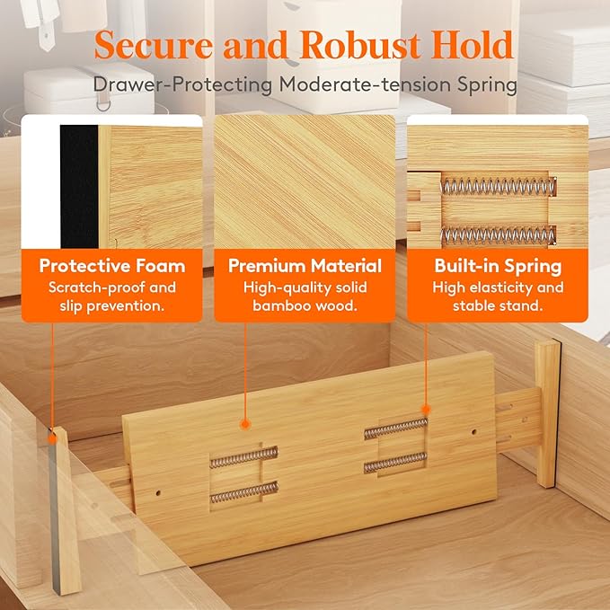 Lifewit 6" High 8 Pack Bamboo Drawer Dividers 45-55cm/17.5-22" Adjustable Wooden Drawer Organizer for Clothes/Utensils, Expandable Drawer Separator for Dresser/Kitchen/Bedroom/Office Organization