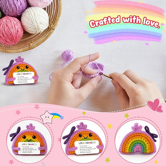 MAMAGIFTREE Hand-Crocheted Rainbow Affirmation Purse with Self-Care Reminder Card - You are Enough Loved Gifts for Women, Girls, Birthday, Mental Health Support Companion