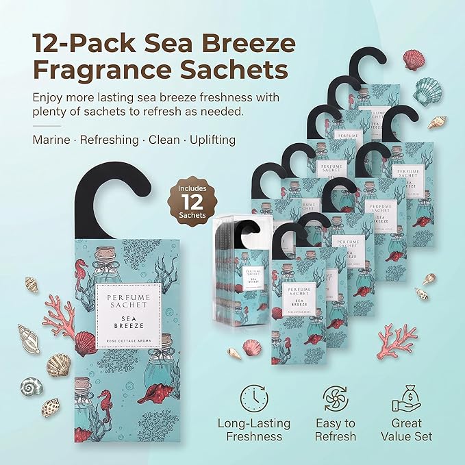 ROSE COTTAGE Large 12 Packs Sea Breeze Hanging Closet Deodorizer Air Freshener Long Lasting Scented Sachets Smell Goods for House