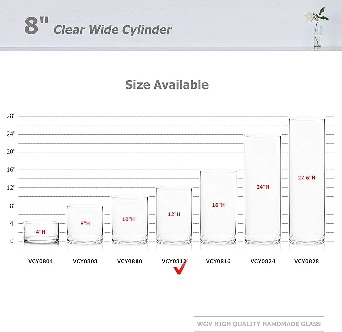 WGV Cylinder Vase, Width 8", Height 12", Clear Wide Large Diameter Flower Glassware, Floral Container, Planter Terrarium for Wedding Party Event, Home Accent Decor, 1 Piece