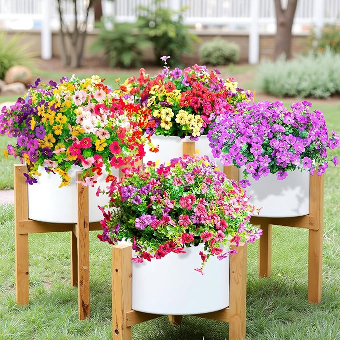 QUNPON Artificial Flowers for Outdoors,Faux Flowers Daisy with Eucalyptus Leaves for Indoor Garden Home Decoration,UV Resistant Artificial Flower Fake Plants for Porch Patio, 12 Bundles (Purple Pink)