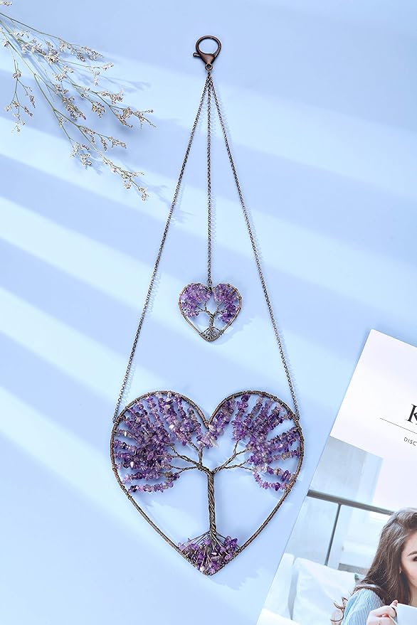 Jovivi Tree of Life Feng Shui Crystal Heart Hanging Ornament Amethyst Gemstones Healing Stones Yoga Meditation Window Wall Hanger for Home Wedding Decor