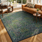 Lessymo Floral Living Room Rug 5x7 Area Rug, Vintage Forest Washable Rugs for Dining Room, Bedroom, Low Pile Non Slip Rubber Green Mat, Vintage Distressed Boho Flower Print, Forest Green