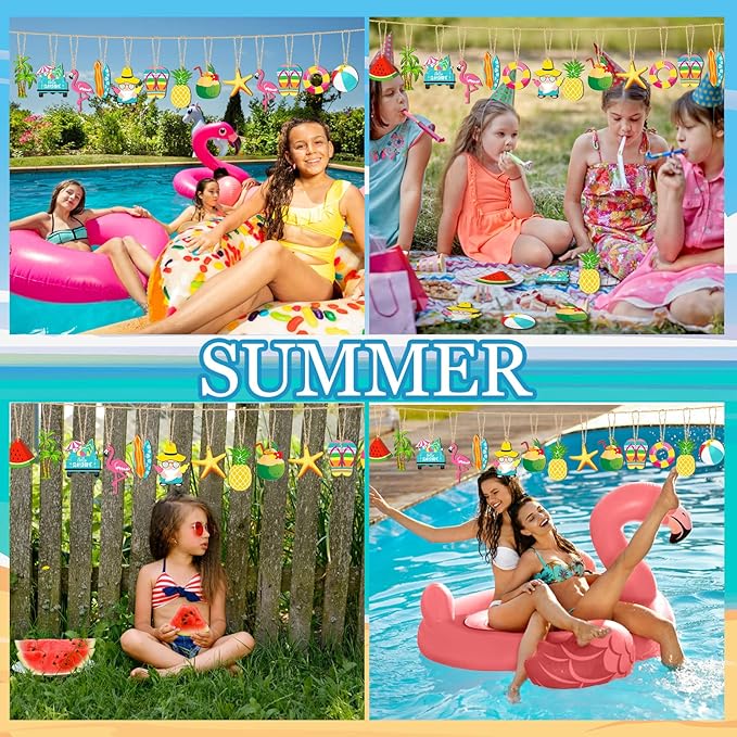 Geelin 36 Pcs Summer Wood Hanging Ornaments for Tree Mini Tree Decorations Hawaiian Beach Wooden Pendant Decorations with String for Luau Party Supplies(Classical)