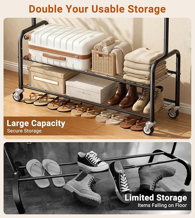 AOODA Heavy Duty Clothes Rack with Shelves, 46.5'' Metal Rolling Clothing Racks for Hanging Clothes, Wardrobe Garment Rack with Lockable Wheels for Coats, Shirts, Shoe Boxes (Black)