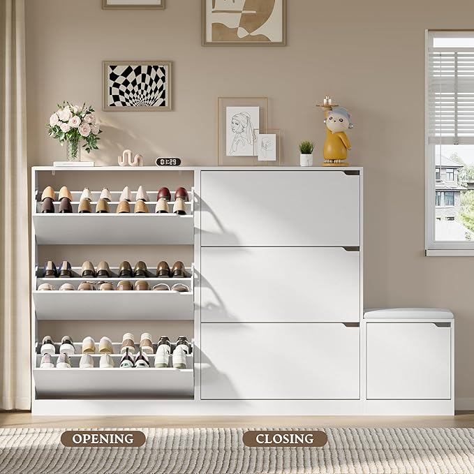 Shoe Cabinet with Bench and 3 Flip Drawers, Slim Narrow Shoe Storage Cabinet, Freestanding Shoe Rack Organizer with Adjustable & Removable Shelves, Anti-Tip for Entryway, Hallway, Foyer