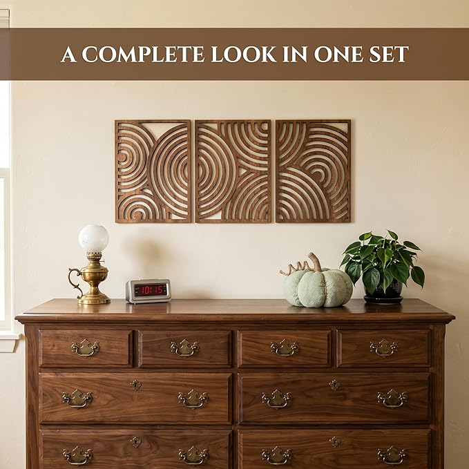 qmmp Modern Wooden Wall Sculptures - Set of 3 - Home Decor Accent - Large Wall Art for Living Room, Bedroom, Office - Easy Installation (Walnut, Medium - Orbit)