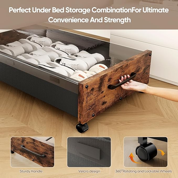 KITHELP Wooden Under Bed Storage with Wheels, 80L Extra-large Rolling Under the Bed Storage Bins 2 Pack with Removable Lid, Upgrade Metal Under Bed Drawers for Clothes Shoes Blankets in Bedroom