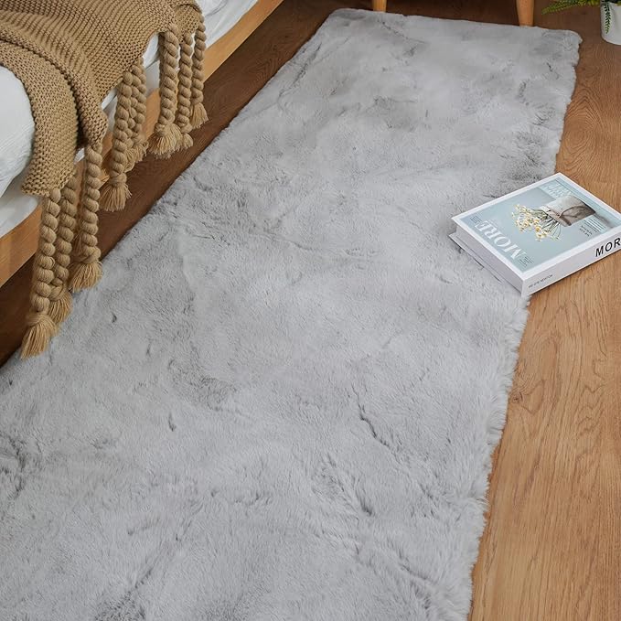 Grey Fluffy Faux Rabbit Washable Furry Fur Area Rugs for Bedroom Large Fuzzy Rug for Living Room Nursery Runner Rugs for Hallway 2x8 Rectangle Rug