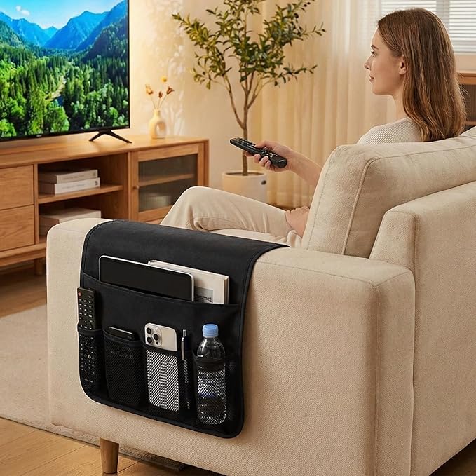 Bedside Caddy Organizer & Remote Control Holder for Couch, Non-Slip Armchair Caddy Storage with Multiple Pockets, TV Remote Holder for Bed, Sofa Armrest Organizer for Glasses Phone Magazine(2pcsBlack)