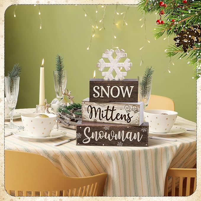 Moucuny 4 Pcs Winter Table Decorations Wooden Snowflake Decor Christmas Tiered Tray Decor Rustic Decorative Snowflake Block Sign Gift Winter Table Centerpiece for Wonderland Party Home Kitchen