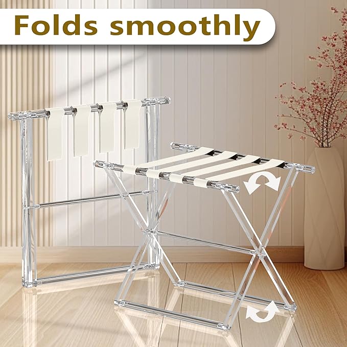 Acrylic Luggage Rack for Guest Room,Folding Luggage Rack with Leather Straps,Holds up to 120 lbs Suitcase Stand for Bedroom, Living Room and Hotel (Beige Leather)