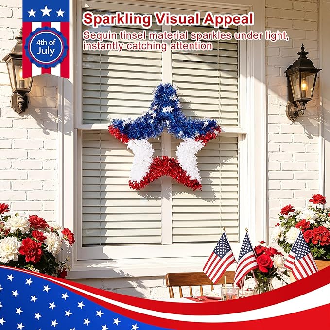 VeriNatural 4th of July Decorations - 19.5in Patriotic Red White and Blue Star Wreath - Independence Day Tinsel Wreath for Indoor Outdoor,Golf Cart, Party,Door and Wall Hanging Decor