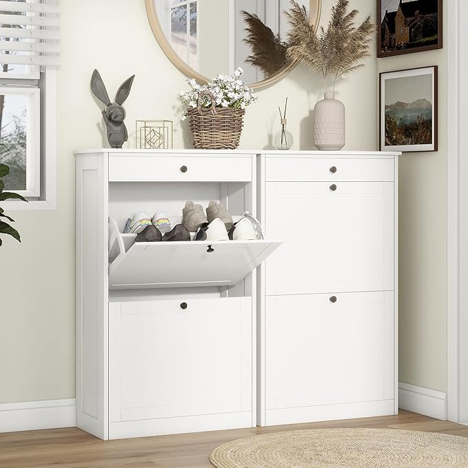 Shoe Cabinet with 2 Flip Drawers Set of 2, Small Wood Modern Shoe Organizer with Adjustable Shelf, Narrow Freestanding Hidden Shoe Cabinet Storage for Entryway, Hallway, Living Room, White