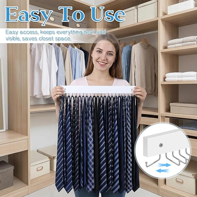 2 Pcs Tie Rack Wall Mounted, Wooden Tie Belt Organizer with 20 Hooks Non Slip 180 Degree Space Saving Hangers with Screws for Ties, Keys, Scarves, Tops, Belt, Bags (White)
