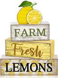 Moucuny 4 Pcs Summer Lemon Decor Summer Table Decorations Farm Fresh Lemons Wooden Stacked Block Decor Rustic Summertime Tiered Tray Decoration Fruits Centerpiece for Home Kitchen Dining Room Mantel