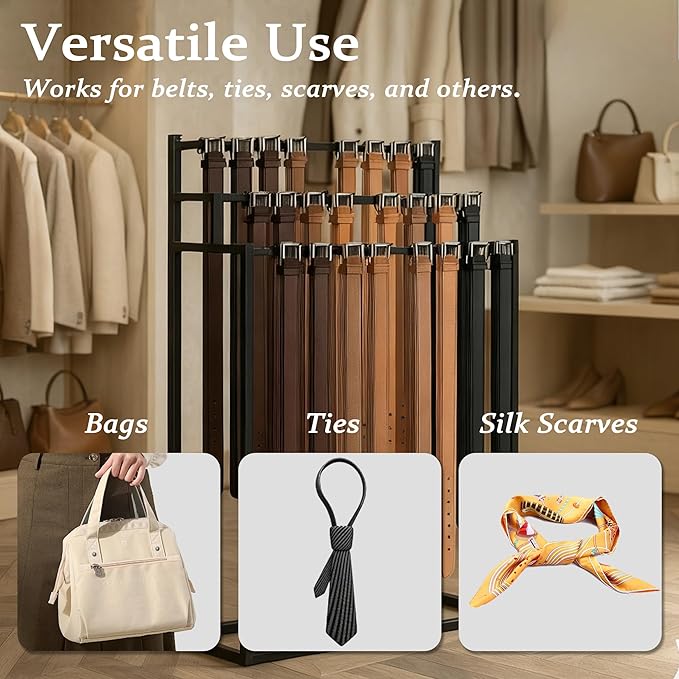 Retail Belt Display Stand,Floor Mounted Belt Hanger, Metal Men Belt Organizer, Commercial Tie Scarf Display Stand for Clothing Retail and Home (Black)