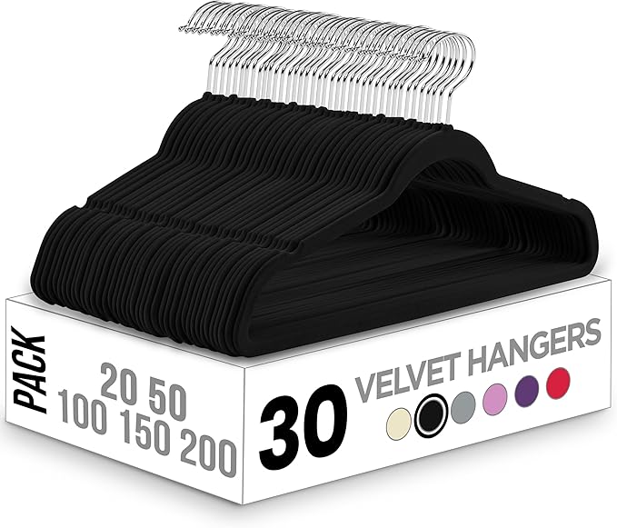 Utopia Home Velvet Hangers 30 Pack – Luxury Non-Slip Slim Pant & Coat Hangers, Strong Space-Saving Clothes Hangers with Pants Bar and 360° Swivel Hook – Black