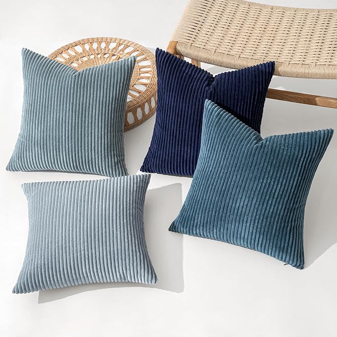 MIULEE Boho Farmhouse Throw Pillow Covers 20x20 Inch Set of 4 Western Neutral Decorative Cushion Covers Soft Modern Coastal Corduroy Spring Decor for Couch Bed Sofa Living Room Dark Blue Navy Series