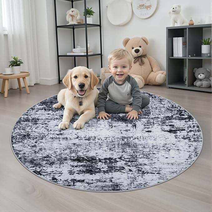 Round Area Rug for Living Room: 4 ft Washable Modern Abstract Soft Thin Rug Indoor Floor No Slip Stain Resistant Carpet for Bedroom Dining Room Farmhouse Nursery Home Office - Black