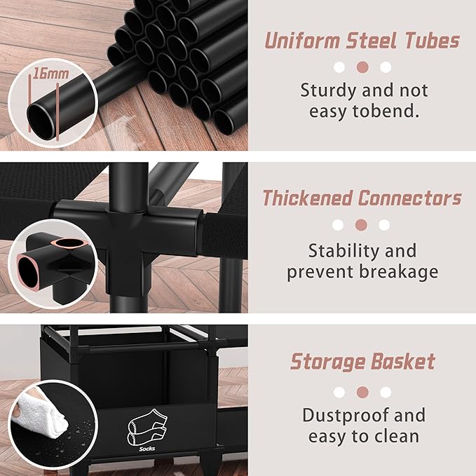 Portable Closet, Easy Assembly, Large Capacity Wardrobe Closet, Sturdy and Stable Clothes Rack with Shelves 4 Storage Baskets and 2 Hanging Rods, for Bedroom and Cloakroom Black