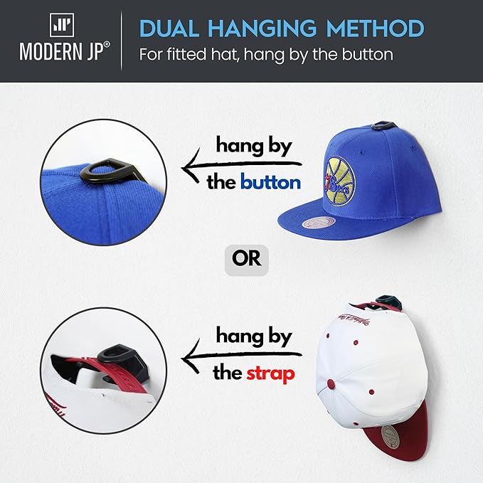 Modern JP Adhesive Hat Hooks for Wall (16-Pack) - Hat Rack for Baseball Caps, Minimalist Hat Display, Strong Hold Hat Hangers for Wall - USA Patented, Black