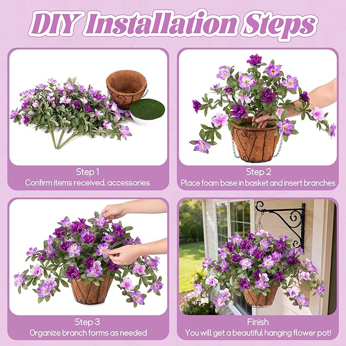 Artificial Hanging Flowers for Outdoors Hanging Baskets, 3 Pcs Fake Silk Flower with Hanging Baskets Planter for Spring Summer Garden Porch Patio Yard Outside Decor