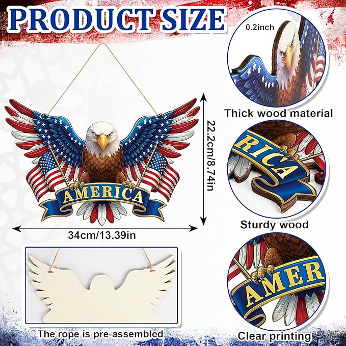 Wooden 4th of July Decoration Door Wreath for Front Door Sign America Eagle Wall Signs,250 Anniversary Independence Day Patriotic Day Wreath Welcome Memorial Day Hanging for Home Party Outdoor Indoor