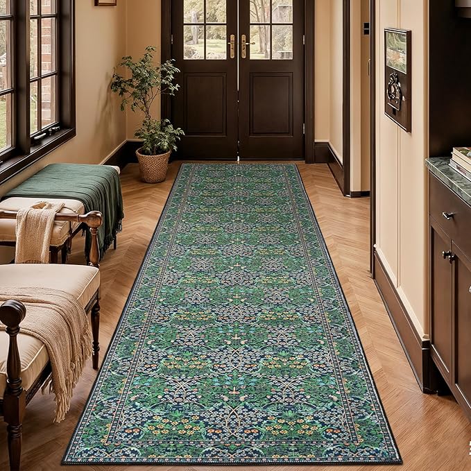 Lessymo Washable Hallway Runner Rug 2x10, Non Slip 8ft Long Floor Runner for Kitchen, Entryway Indoor, Stain Resistant Soft Boho Vintage Floral Botanical Carpet, Forest Green
