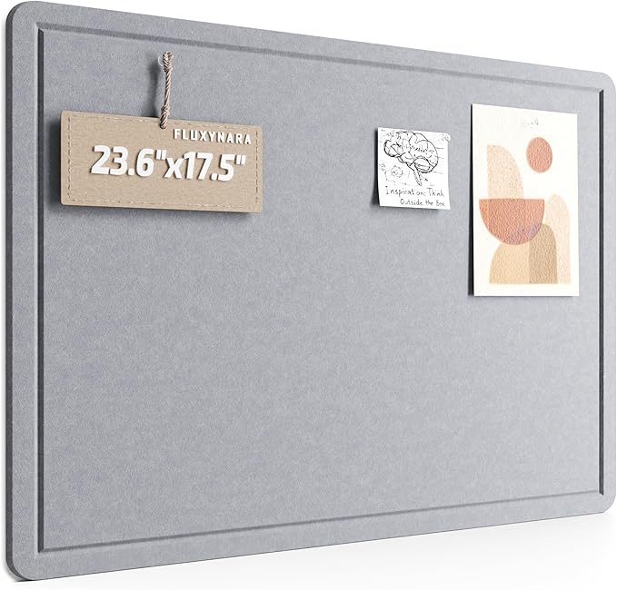 Fluxynara Bulletin Board, 23.6" x 17.5" Cork Board Alternative with 12 Safe Removable Adhesive Tabs, Foldable Felt Pin Board for Home Office, Classroom, Bedroom,Entryway for Walls—Soft Gray