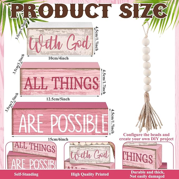 Yuntau 4 Pcs Farmhouse Tabletop Decor Wooden Rustic Inspirational Bible Verse Quotes with God All Things are Possible Decorative Pink Coquette Tiered Tray Decor Christian Gift for Women Home Shelf