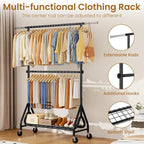 Heavy Duty Clothes Rack for Hanging Clothes, Double Rods Clothing Rack with Lockable Wheels, Rolling Garment Racks with Shelf, Easy to Assemble, Black