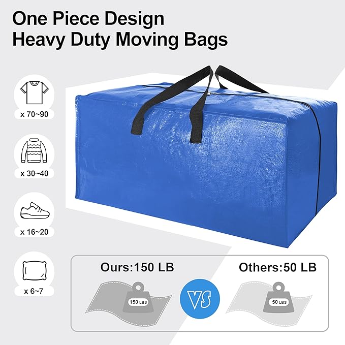 6 Pack Heavy Duty Extra Large Moving Bags W/Backpack Straps - Strong Handles & Zippers, Storage Totes For Space Saving, Fold Flat, Alternative to Box and Bin (40 gal, Multicolor)