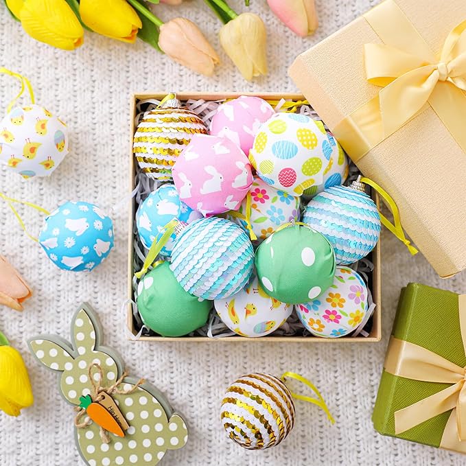 Zeyune 16 Pcs Easter Tree Ornaments for Small Tree Easter Egg Bunny Decorations Hanging Sequin Balls Ornaments for Home Seasonal Holiday Party