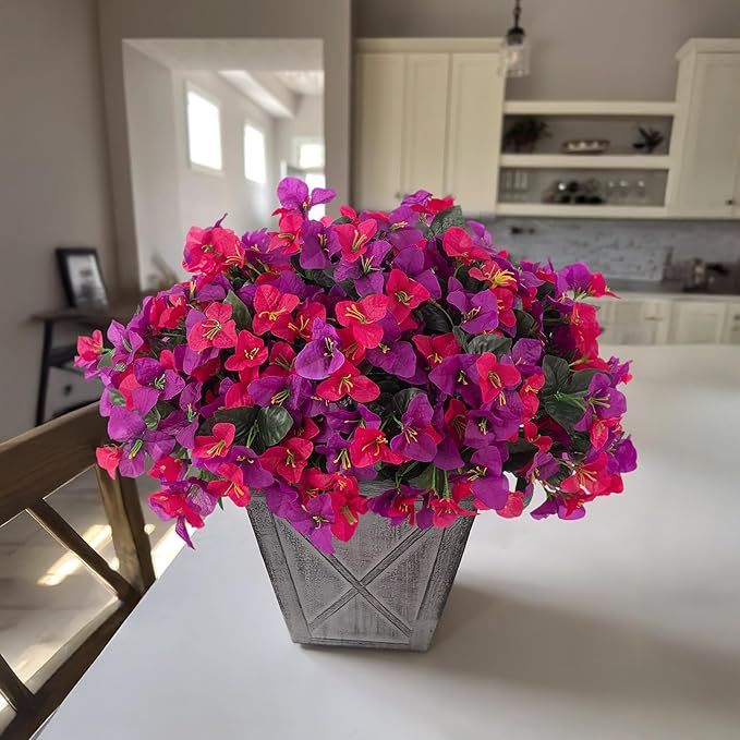Artificial Flowers Faux Plants for Outdoors Spring Summer Decor, 6 Bundles Fake Bougainvillea Silk Flowers UV Resistant Realistic for Outside Planter Porch Patio Garden Home (Purple Fuchsia)