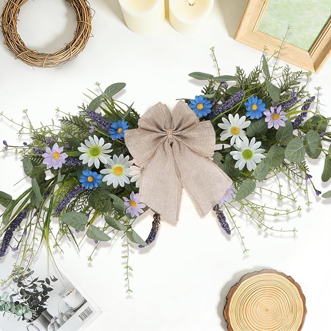 2 Pcs Spring Floral Teardrop Swags 24" Wildflower & Daisy Swag Decor with Linen Bows, Artificial Summer Greenery Swags for Door, Wall, Mantel, and Wedding Decor