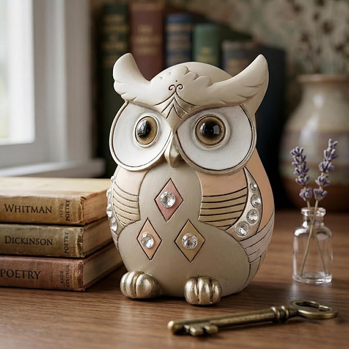 Owl Statue Home Decor, Vintage Resin Figurine with Crystals for Shelf, Boho Decorations for Living Room Office Desk, Unique Gifts for Women Bird Lovers