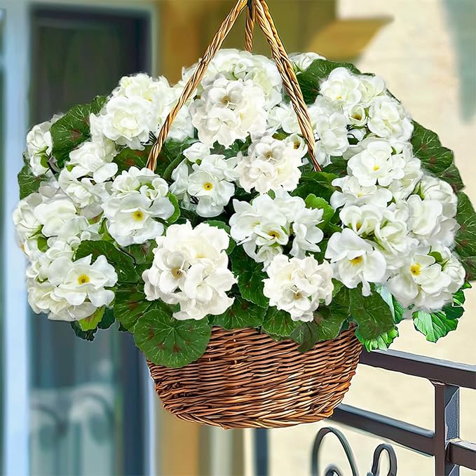 Artificial Geraniums Flowers for Outdoors Spring Decor, 4 Bundles UV Resistant Fake Geraniums Flowers Silk Faux Plants for Home Planter Gardens Table Patio Porch Indoor Cemetery Summer Decor(White)