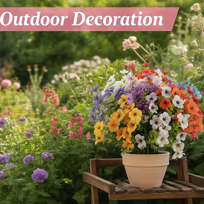 ilauke 9 Bundles Artificial Flowers for Outdoors, Fake Flowers UV Resistant, Faux Flower Plants 9 Colors with Eucalyptus, Plastic Flower Outside Planter Garden Porch Patio Window boxs Yard Decorations