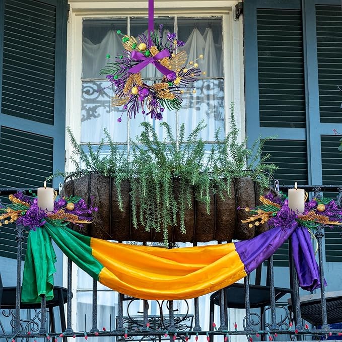 6 PCS Mardi Gras Purple and Green Glitter Mini Cabinet Wreaths for Front Door Carnival Party Decor Wreath Mardi Gras Hanging Garlands Candle Rings for Front Door Home Window Chair Wall Indoor Outdoor