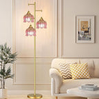 QIYIZM Pink Floor Lamp for Living Room,Bedroom,Gold Mid Century Modern Standing Lamp Brass Tree 3 Light Tall Floor Lamps Vintage Retro Floor Lights Glass Flower Lamp Shade Girls Kids Boho Bohemian