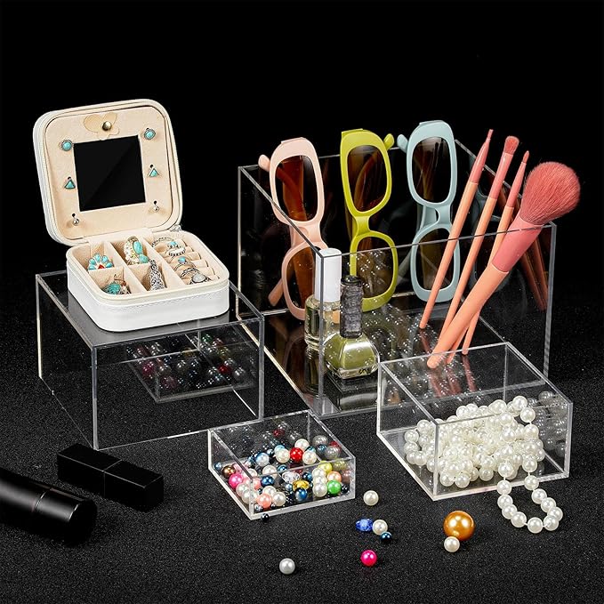 Geelin 6 Pack Acrylic Risers for Display Acrylic Cube Boxes Risers Display Stands with Hollow Bottoms Decorative Stand for Jewelry Candy Table Decor 6 Sizes(Clear,3 to 8 Inch,Square)
